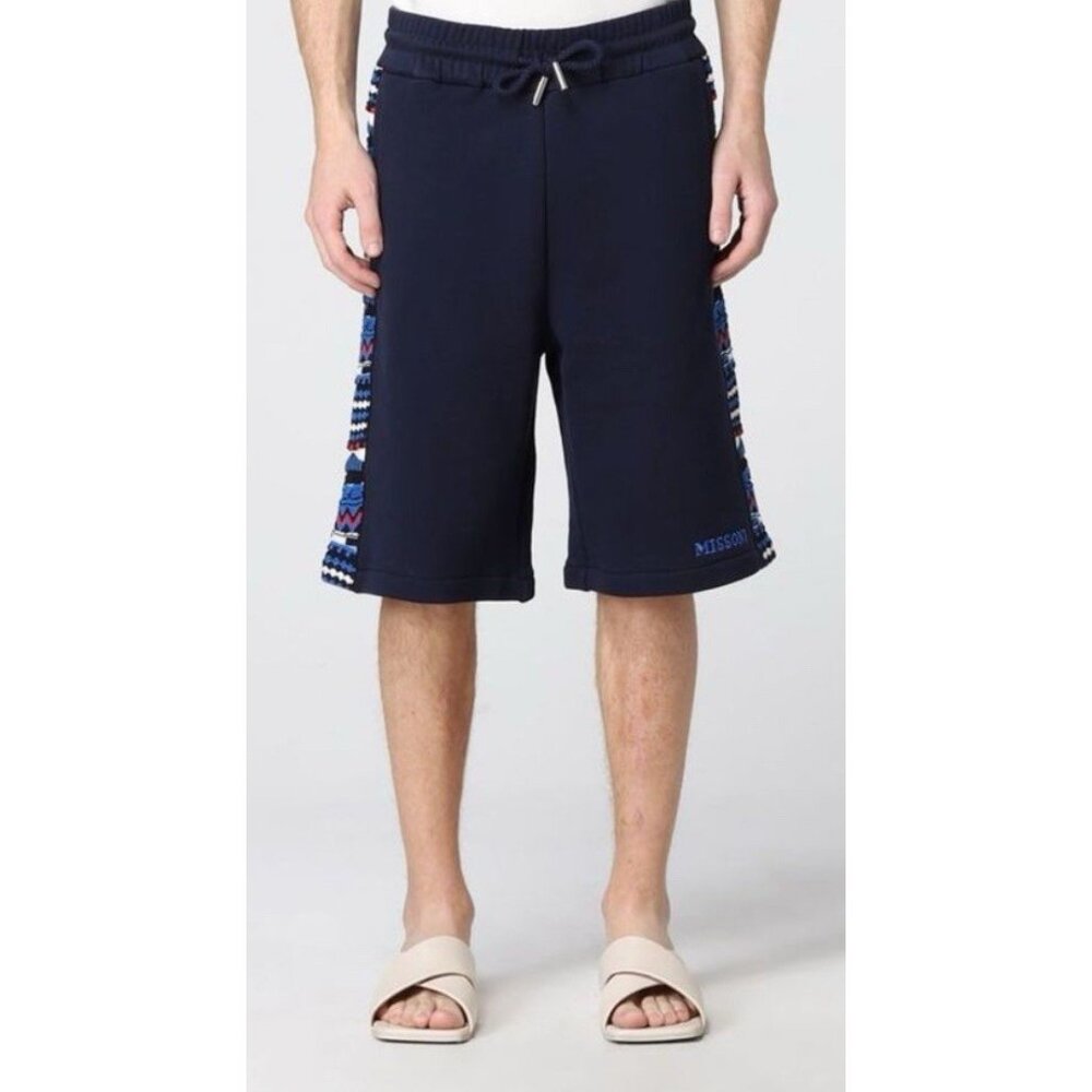 Missoni Mens Blue Embroidered Zig Zag Drawstring Sweat Shorts Size Small NWT